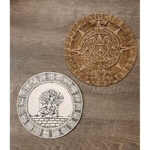 Vintage Handmade Stone Tile Mexican Mayan Calendars Set of 2 Ready to Hang